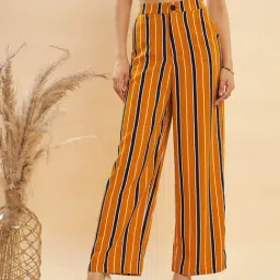 KASSUALLY Navy & Mustard Striped Regular Fit Mid Rise Trousers-image-97