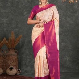 Satrani Cream Silk Woven Saree With Unstitched Blouse-image-7