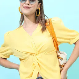 Tokyo Talkies Yellow Twisted Crepe Wrap V-Neck Top-image-12