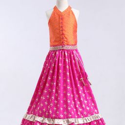Twisha Sleeveless Zig Zag Print Top with Flamingo Print Ghagra - Orange Pink-image-76