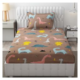 Filymore Kids Dinosaurs Printed Microfiber Designer BedSheet for Single Bed 1 Bedsheet 1 Pillow Cover- Brown-10