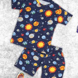 Ninos Dreams Half Sleeves Galaxy Theme Printed Night Suit - Blue-image-44