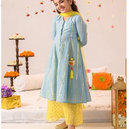 Pspeaches Three Fourth Sleeves Lurex Striped Flared Kurta With Seamless Motif Detailed Palazzo & Dupatta - Grey & Yellow-picture-25