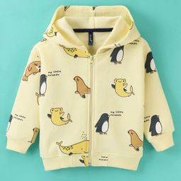 Little Kangaroos Fleece Full Sleeves Hooded Jacket With Penguin Print - Yellow-image-93