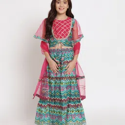 READIPRINT Half Sleeves Seamless Abstract Design Printed & Gota Lace Embellished Art Silk Choli  With Coordinating Lehenga & Dupatta - Green-picture-3