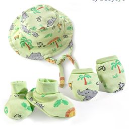 Babyoye 100% Cotton Interlock Knit with Eco Jiva Finish Cap Mitten & Booties with Animal Print Green- Diameter 10.5 cm-10