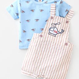 Toffyhouse Cotton Half Sleeves T-Shirt & Dungaree Set With Helicopter Embroidery - Ice Blue-image-1
