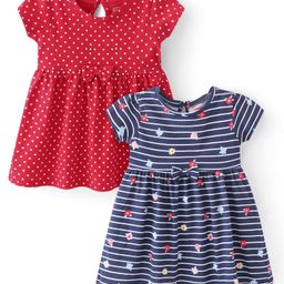 Babyhug Single Jersey Knit Half Sleeves Frock Stripes & Polka Dot Print Pack Of 2 - Red & Blue-image-65