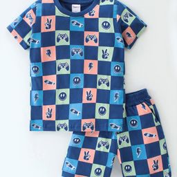 Taeko Single Jersey Knit Half Sleeves T-Shirt & Shorts With Gaming & Skateboard Print - Blue-image-29