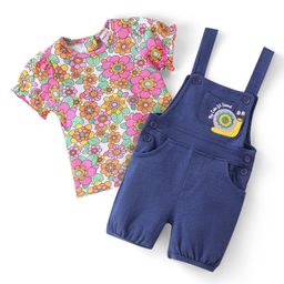 Babyhug Single Jersey Knit Dungarees & Half Sleeves  T-Shirt with Floral Print & Snail Embroidery - Multicolour-image-93