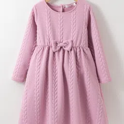 Kookie Kids Full Sleeves Woollen Party Frock with Cable Knit Design & Bow Applique - Pink-picture-23