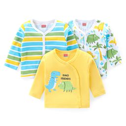 Babyhug 100% Cotton Knit Front Open Jhablas with Striped & Dino Print Pack of 3 - Yellow & White-image-11