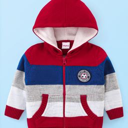 Babyhug Knitted Full Sleeves Hooded Front Open Sweater with Colour Block Design & Patch Applique - Red-image-20