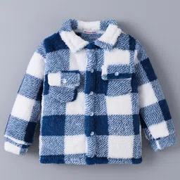 Kookie Kids Full Sleeves Collar Neck Checked Winter Fur Jacket with Pocket Detailing - Navy Blue & White-picture-0