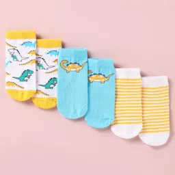 Cute Walk by Babyhug Cotton Knit Antibacterial Ankle Length Socks With Striped & Dino Print - Yellow & Sky Blue-picture-31