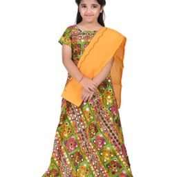Itsmycostume Cotton Navratri Theme Half Sleeves Ethnic Motif Embroidered & Mirror Embellished Lehenga Choli With Dupatta Set - Yellow-image-5