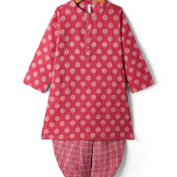 Babyhug Cotton Woven Full Sleeves Kurta Dhoti Set with Cambric Dhari & Floral Print -Red-image-100