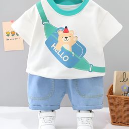 Googo Gaaga Cotton Half Sleeves Teddy Bear & Text Printed Tee With Shorts Set - White-picture-13