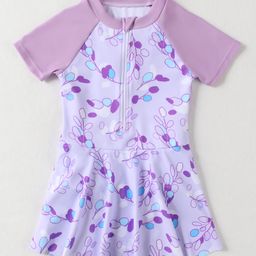 Mark & Mia Half Sleeves Frock Swimsuit With Leaves Print - Blue-image-52
