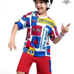 Ollington St. Cotton Half Sleeves Printed T-Shirt & Shorts Set - Red-image-98
