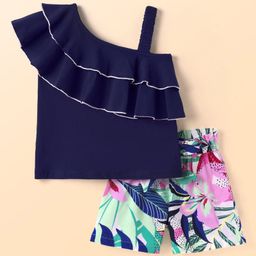 CrayonFlakes Cotton Sleeveless Layered Top & Floral Printed Shorts Set - Navy Blue-image-84