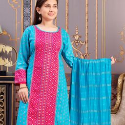 Aarika Three Fourth Sleeves Floral Printed Gota Lace Embellished Kurta - Blue & Rani Pink-image-94