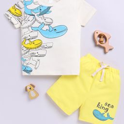 Little Ninja Cotton Half Sleeves Whales Printed Tee & Coordinating Shorts Set - Cream & Yellow-image-15