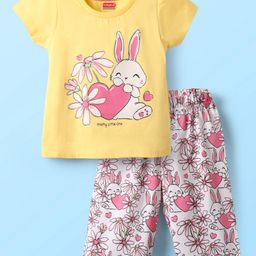 Babyhug Cotton Knit Half Sleeves Capri Night Suit With Bunny & Floral Print - Yellow-image-82