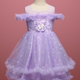 Babyhug Woven Sleeveless Fit and Flare Ruffled Dress with Foil Print & Butterfly Applique - Lavender-image-42