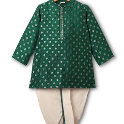 Babyhug Woven Full Sleeves Mandarin Collared Kurta & Dhoti Set With Foil Print - Green-picture-26