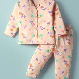 Little Darlings Interlock Knit Full Sleeves Front Open Floral Printed Co-Ords Night Suit Set - Peach-picture-12