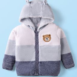 Babyhug Knit Full Sleeves Hooded Front Open Sweater with Color Blocks & Bear Patch - Blue-image-43