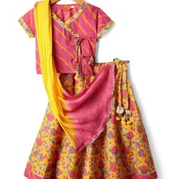 Exclusive from Jaipur Cotton Woven Half Sleeves Choli Lehenga & Dupatta Set with Floral Print & Lace Detailing - Yellow & Pink-image-51