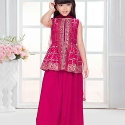 Tiny Kingdom Woven Sleevless Floral Printed Gota Lace Embellished Kurti Palazzo With Dupatta Set - Pink-image-11