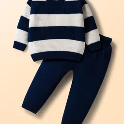 Doodle Poodle Jacquard Knitted Full Sleeves Sweater Set with Stripe Design - Navy Blue-picture-46