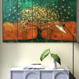 Myntra Elegant Homes Green & Orange 5 Pieces Floral and Botanical MDF Wooden Wall Art-picture-0