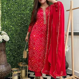 Anni Designer Women Bandhani Printed Regular Kurta with Trousers & With Dupatta-picture-4