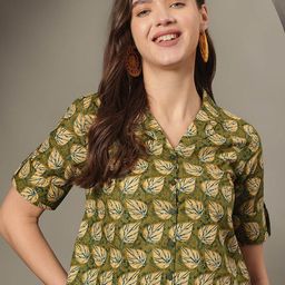HERE&NOW Women Leaves Printed Cotton Shirt Style Crop Top-image-79