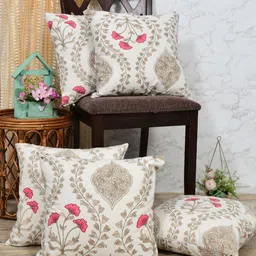 Clasiko Beige & Gold-Toned 5 Pieces Floral Printed Cotton Square Cushion Covers-56