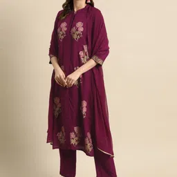 BAESD Women Floral Printed Regular Mukaish Kurta with Trousers & With Dupatta-picture-0
