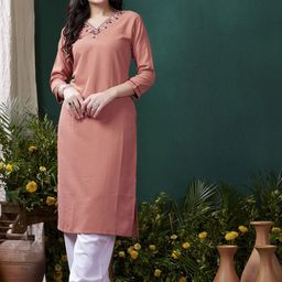 DIVASTRI Floral Yoke Design V-Neck Gotta Patti Pure Cotton Straight Kurta With Trousers-image-78