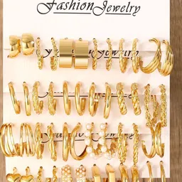 MEENAZ Set Of 24 Gold-Plated Contemporary Shaped Hoop Earrings-11