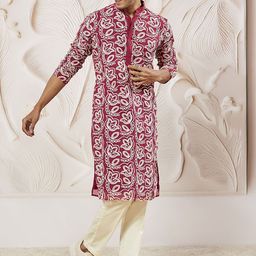 VASTRAMAY Men Floral Embroidered Regular Thread Work Kurta with Trousers-picture-13