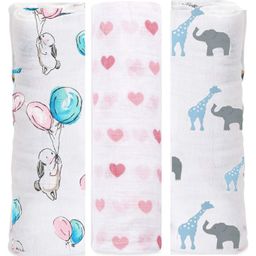 Elementary Organic Cotton Muslin Swaddle Wraps Magical Unicorn Bunny Print Set of 3 - Pink & Blue-image-1