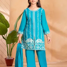BAESD Girls Floral Embroidered Regular Pure Silk Kurta with Trousers & With Dupatta-image-99