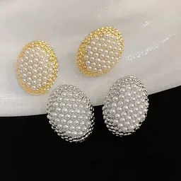FIMBUL Set Of 2 Gold-Plated Pearls Studded Oval Shaped Studs-image-9