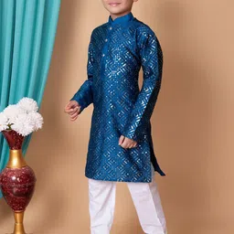 NFC CREATION Boys Embroidered Regular Sequinned Dupion Silk Kurta with Pyjamas image 5