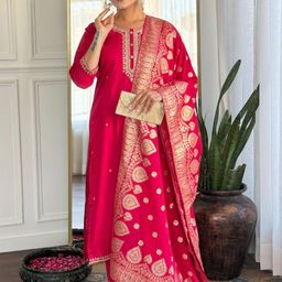 JAPNAAM Women Floral Embroidered Kurta with Trousers & Dupatta-image-65