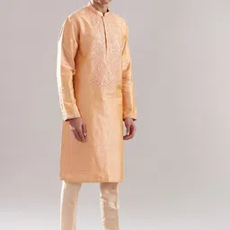 ASUKA Men Ethnic Motifs Embroidered Regular Thread Work Raw Silk Kurta with Pyjamas-53