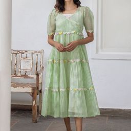 The Yellow Bow Striped Puff Sleeves Empire Midi Dress-image-48
